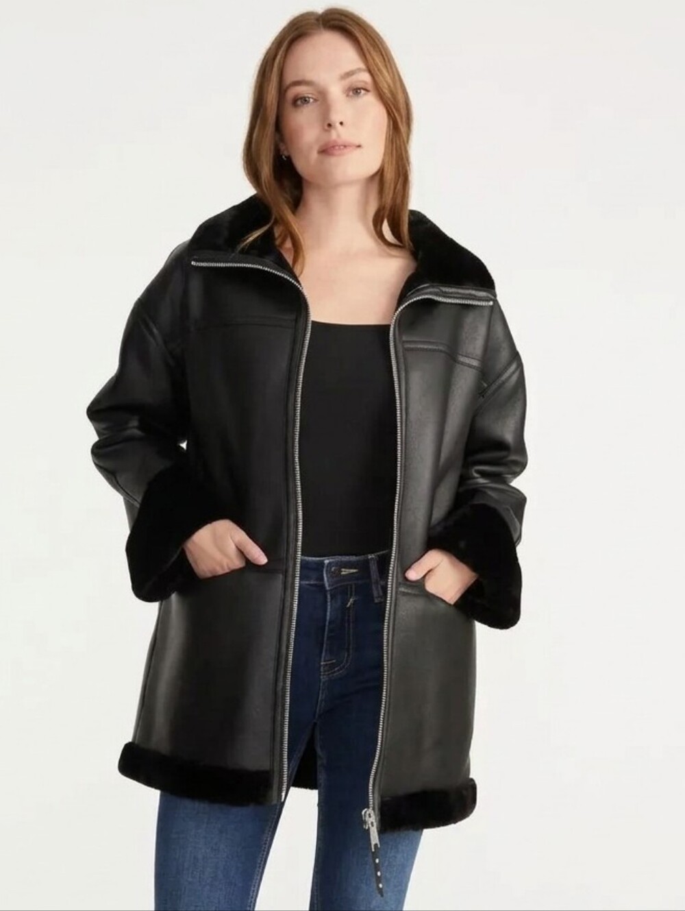 NEW Rebecca Minkoff Faux Leather Faux Fur Lined Jacket Black Shearling Size XS